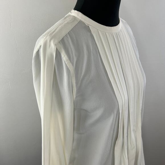 EQUIPMENT Femme White Silk Pleated Front Long Sleeve Round Neck Blouse Top Sz M - Picture 6 of 10